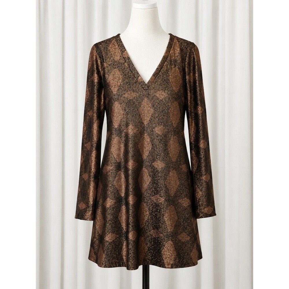 Elie Tahari Deep Brown Bronze Geometric Metallic Shimmer Elegant Sheath Dress